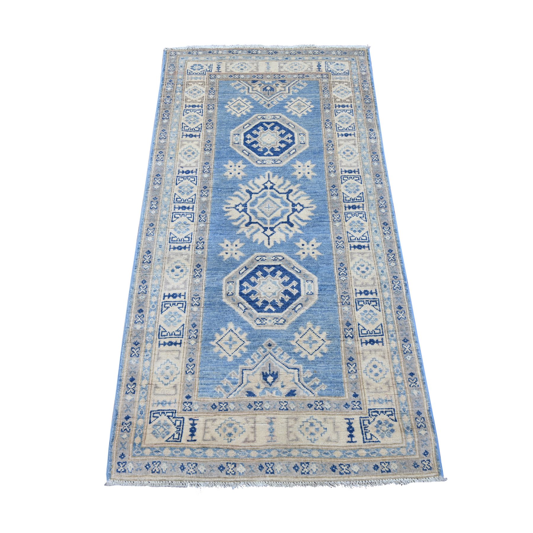 2'9"x5'5" Maya Blue, Vintage Look Kazak with Tribal Medallions, Hand Knotted, 100% Wool, Natural Dyes, Short Runner, Oriental Rug 